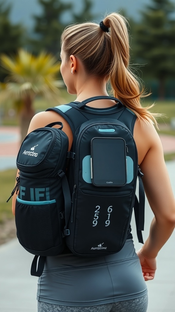 A futuristic hydration monitoring backpack designed for workouts, featuring a vibrant design and hydration tracking technology.