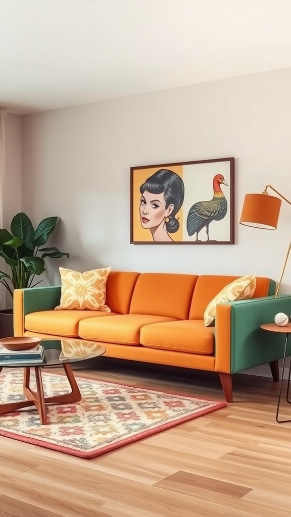 A vibrant mid-century modern couch in orange and green, with decorative pillows, a coffee table, and artwork on the wall.