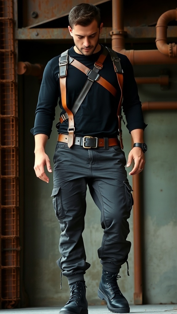 A model wearing an industrial goth outfit featuring a black top, cargo pants, and a harness, set against an industrial background.