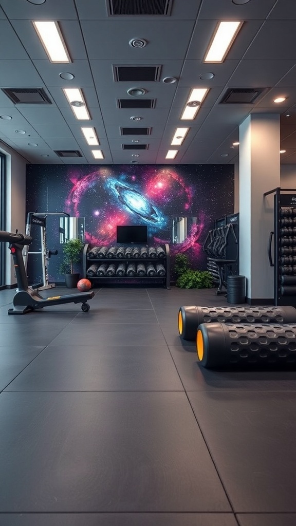 A futuristic gym interior featuring a galaxy mural, foam rollers, and dumbbells.