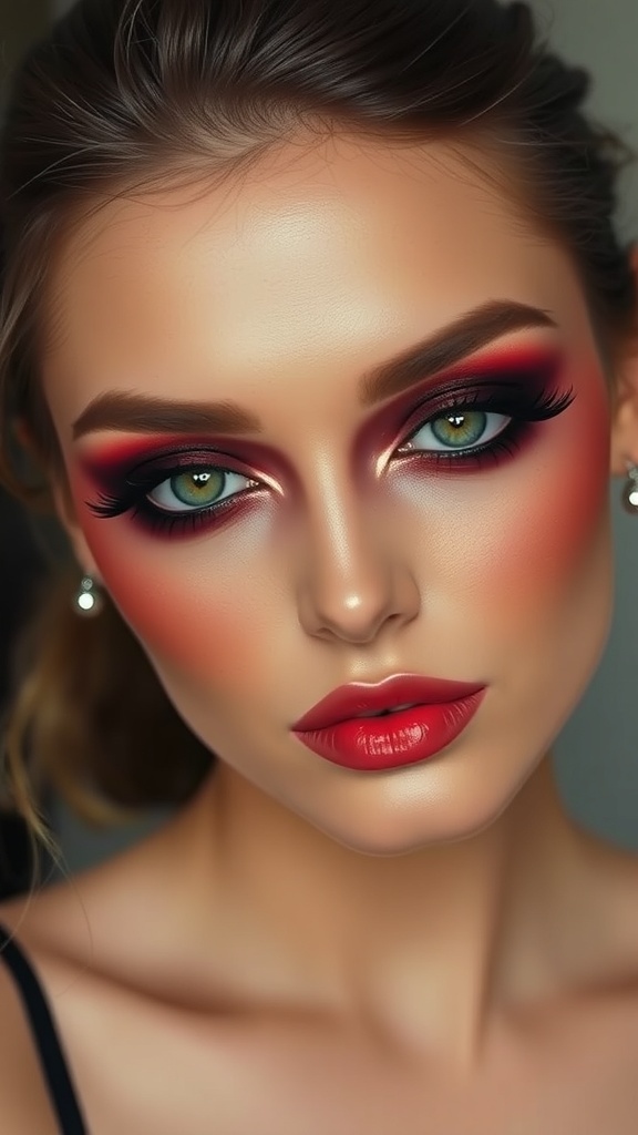 A model showcasing intense cherry red eyeshadow and matching bold red lips.