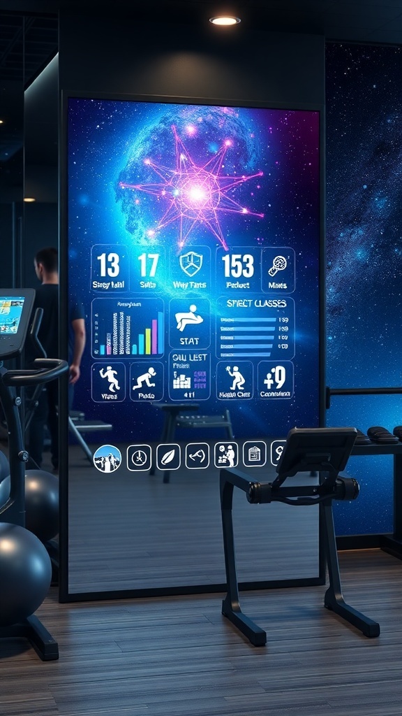 An interactive fitness mirror displaying workout stats and options in a modern gym setting.