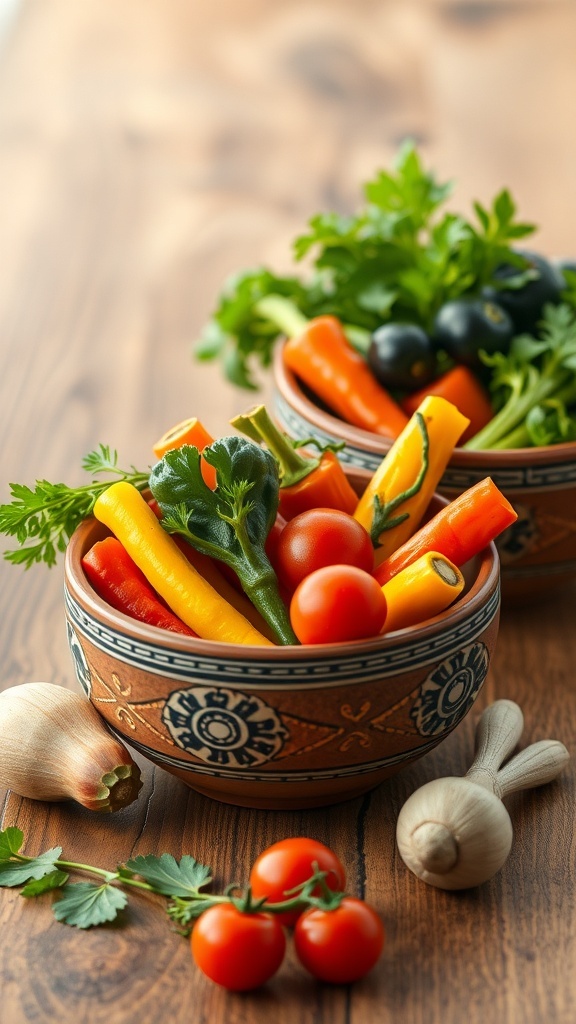 Handcrafted pottery bowls filled with colorful vegetables on a wooden table.