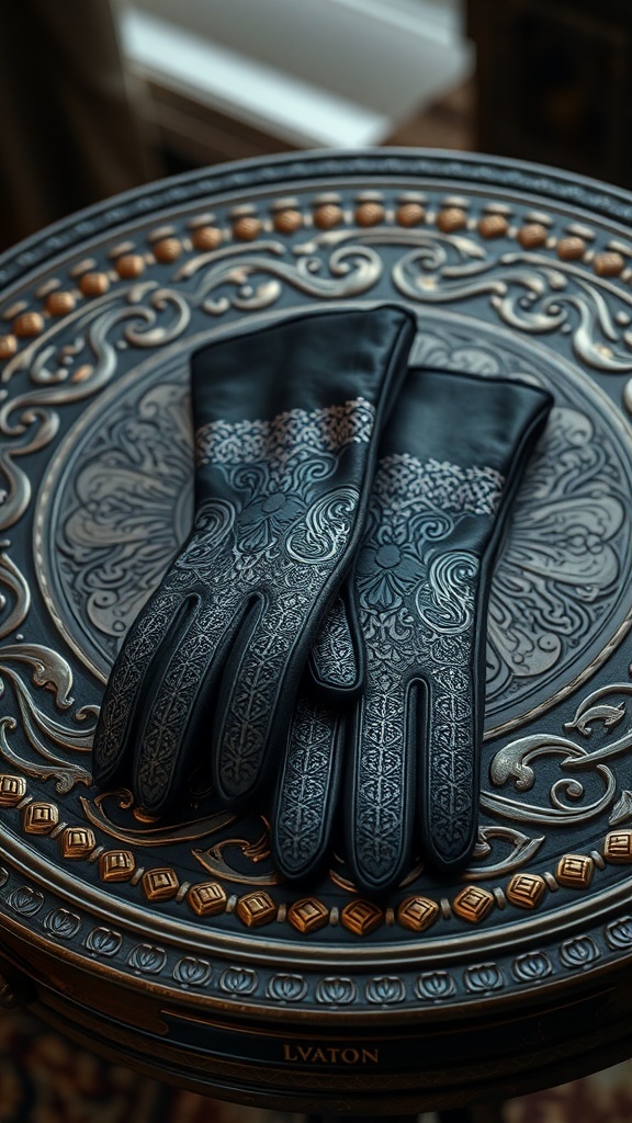 A pair of intricately designed black gloves with elegant patterns, resting on an ornate table.