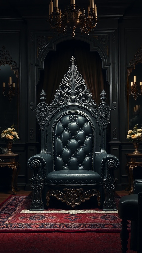 A luxurious throne-like chair with intricate carvings and dark upholstery, set in an elegant room.