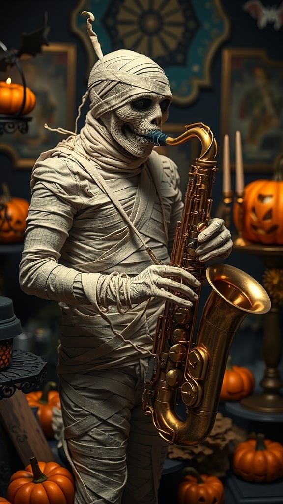 A mummy dressed as a jazz musician playing a saxophone, surrounded by Halloween decorations.