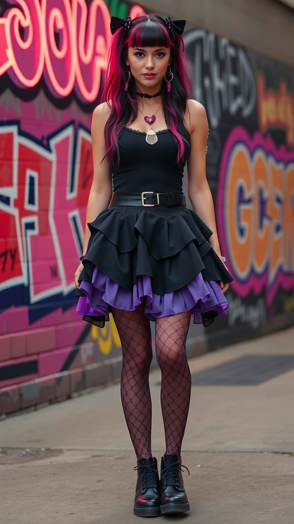 A woman in a black top and purple skirt with cat ears, standing against a graffiti wall.