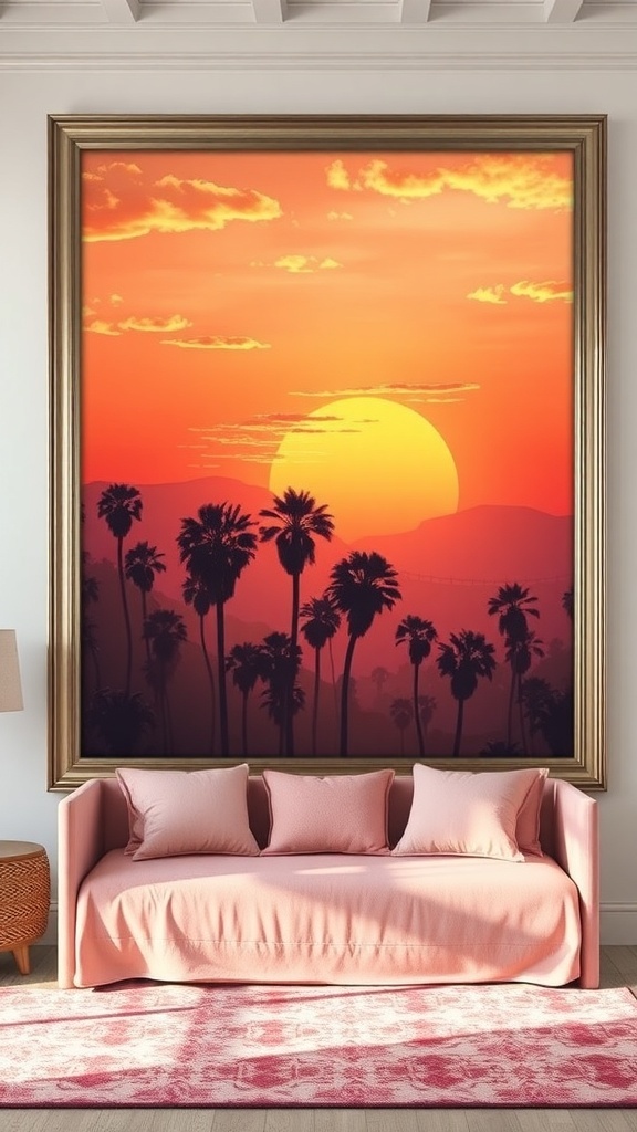 A sunset with vibrant orange and pink hues, silhouetted by palm trees.