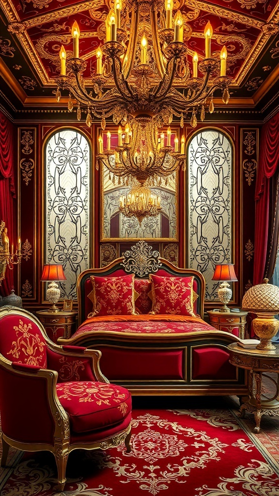 A luxurious bedroom inspired by Lannister style, featuring red drapes, gold accents, and an ornate bed frame.