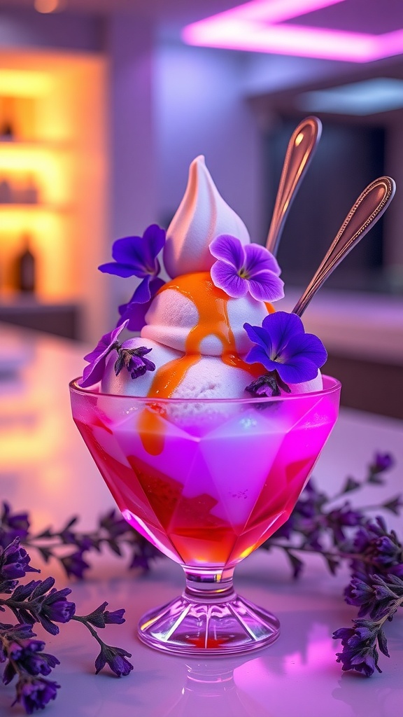 A vibrant lavender honey ice cream sundae topped with edible flowers, served in a futuristic glass bowl.