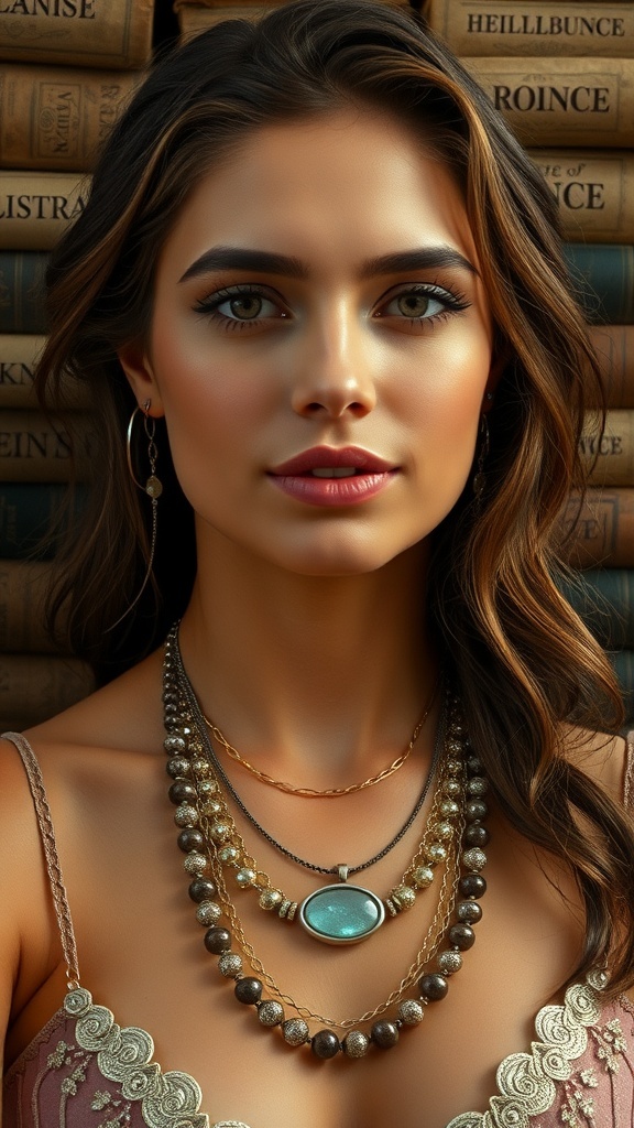 A layered gold necklace with sparkling pendants resting on a stack of books.