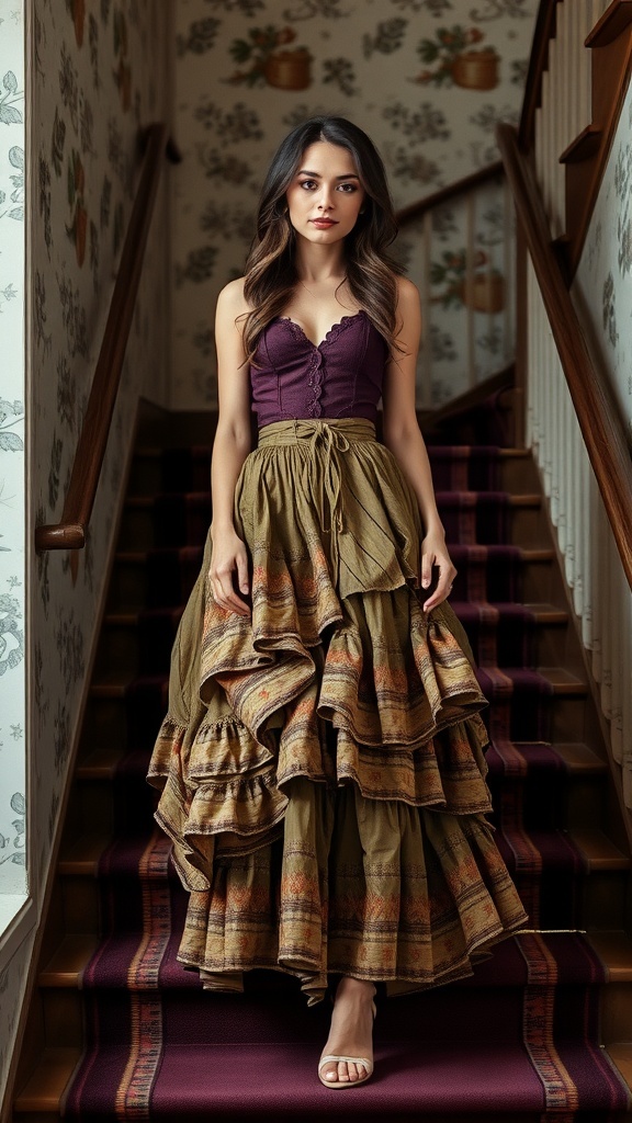 A layered skirt in warm tones, showcasing a regal silhouette on a staircase.
