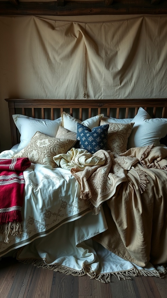 A cozy bed with layered textiles, including throws and pillows, styled for a Game of Thrones-inspired bedroom.