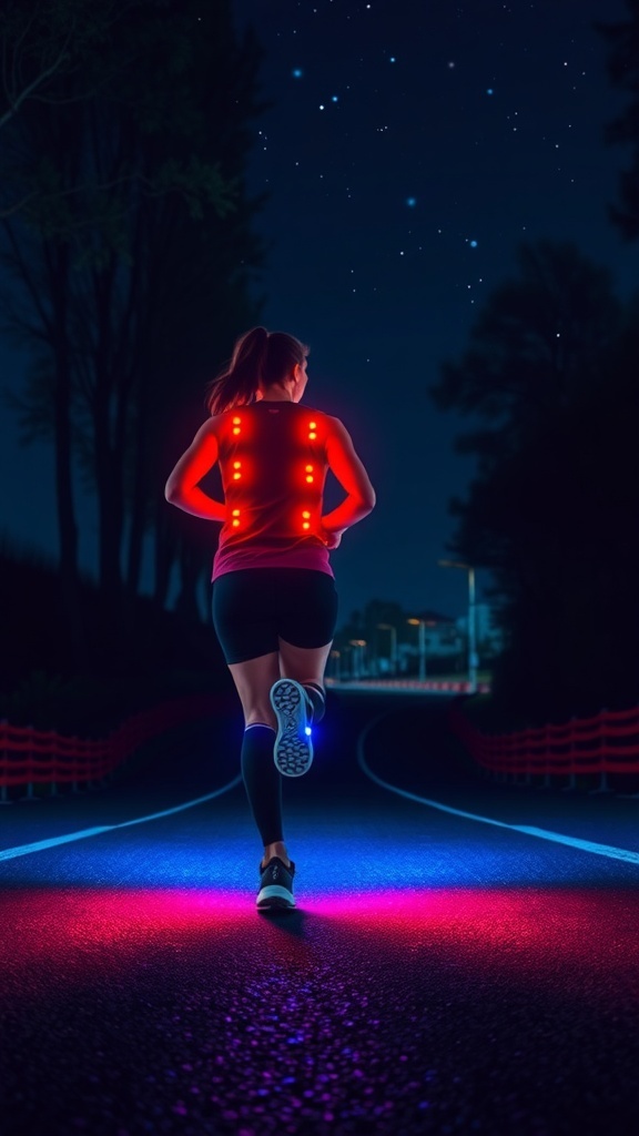 A runner wearing LED-embedded workout gear, jogging at night with bright lights illuminating the path.