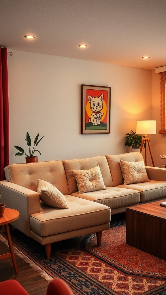 A cozy living room featuring a low-profile 1960's couch with decorative pillows, a wooden coffee table, and warm lighting.