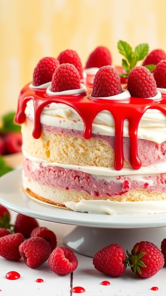 A vintage raspberry swirl ice cream cake topped with fresh raspberries and raspberry sauce.