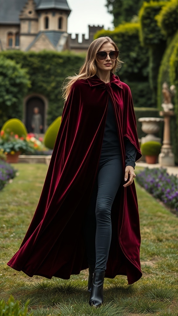 A woman wearing a burgundy velvet cape, black leggings, and sunglasses, walking in a garden near a castle.
