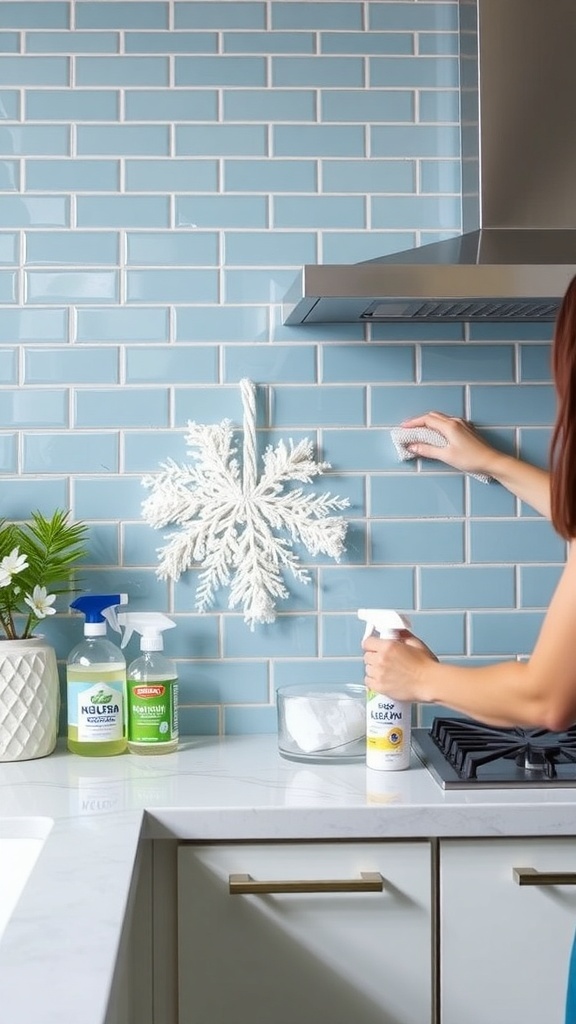 A person cleaning a blue ceramic backsplash in a kitchen