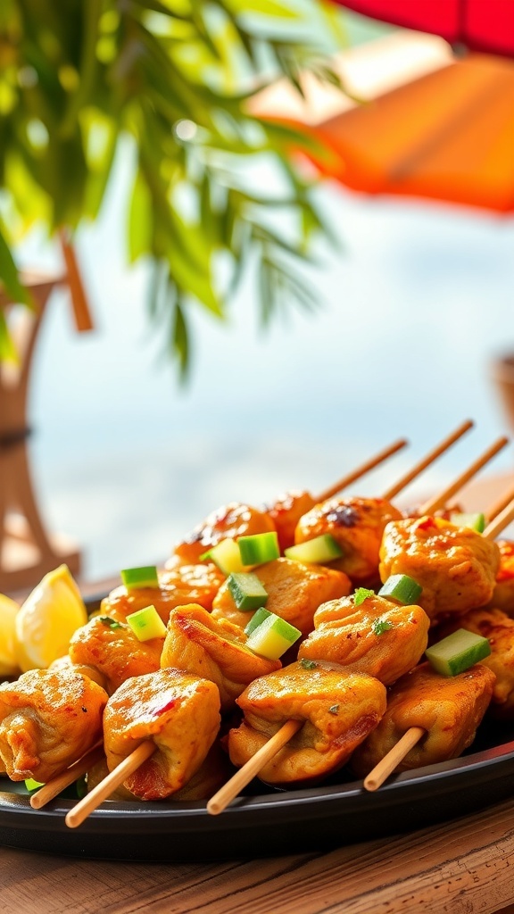 Delicious chicken skewers with tropical flavors, garnished with green onions and served with lemon wedges.