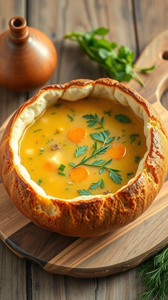 A rustic bread bowl filled with soup, garnished with herbs, on a wooden cutting board.