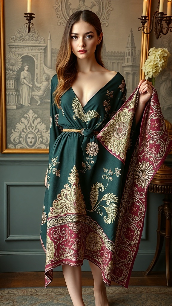 A beautifully patterned medieval-inspired fabric draped on a wooden table, showcasing intricate designs and soft colors.