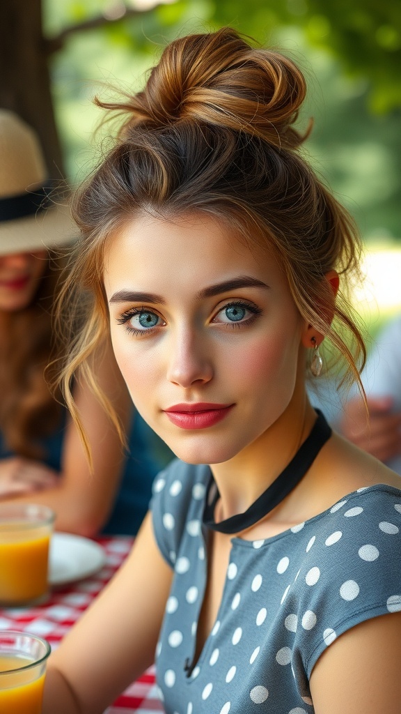 A young woman with a messy bun hairstyle and playful tendrils, wearing a polka dot dress, sitting at a table with drinks.