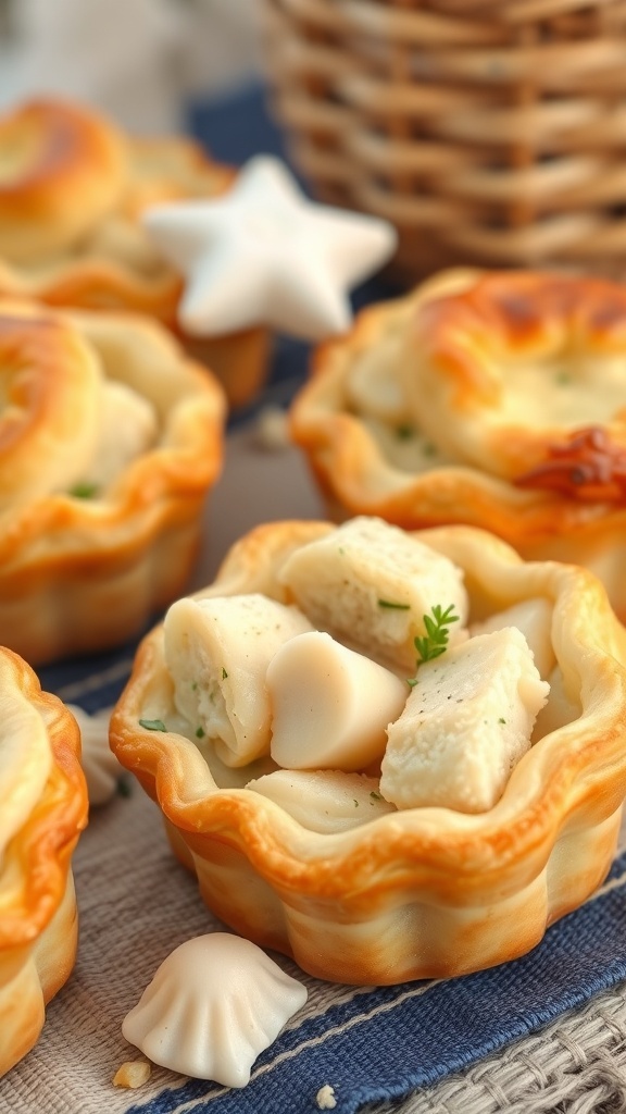 Mini fish pies with star-shaped toppings on a wooden platter