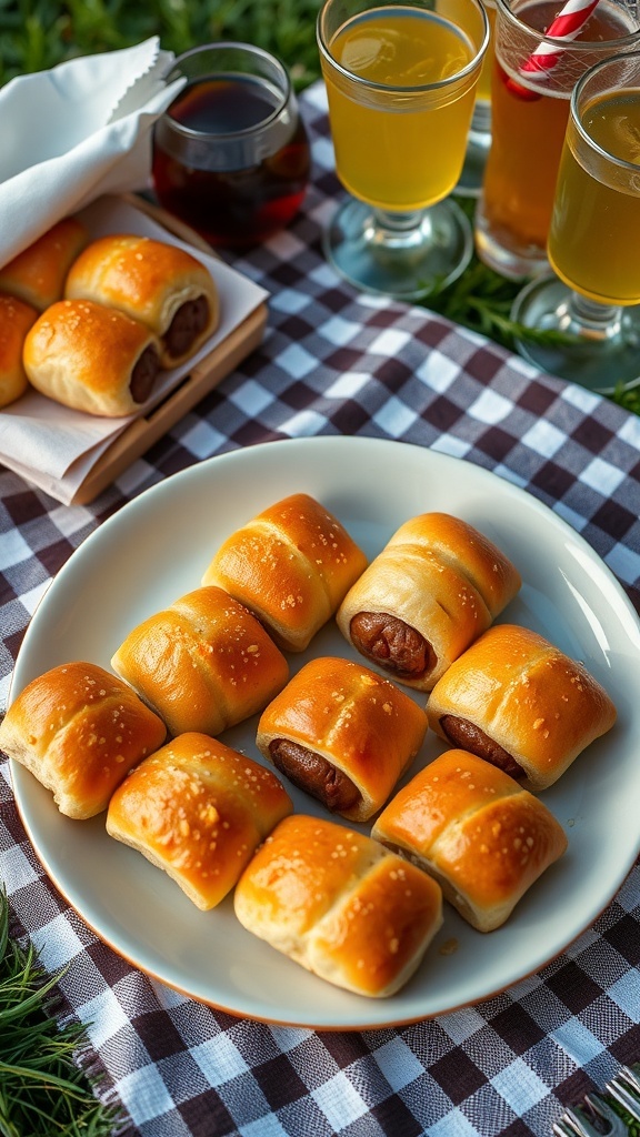 A plate of mini sausage rolls on a picnic blanket with drinks in the background.