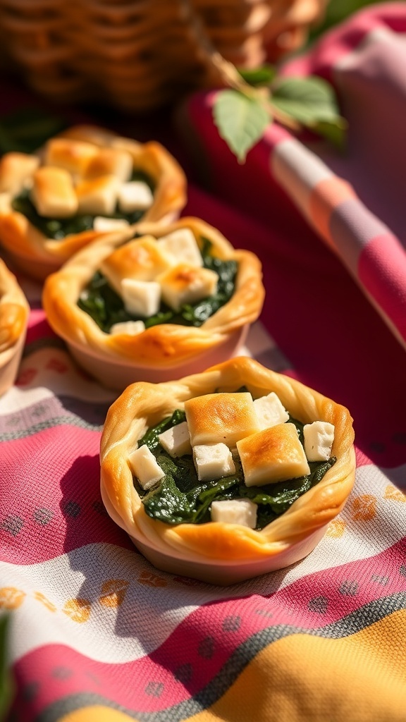 Mini spinach and feta pies on a picnic blanket