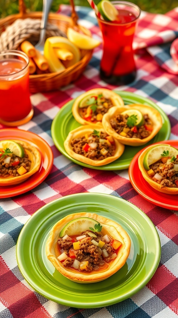 Mini taco pies on colorful plates at a picnic