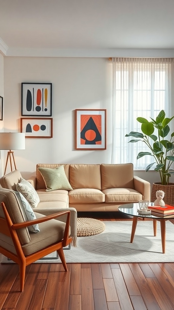 A cozy living room featuring a 1960's style couch, mid-century modern chair, and colorful wall art.