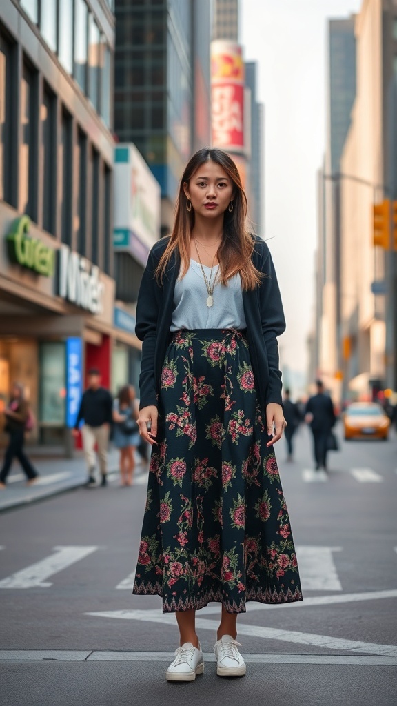 A woman wearing a floral peasant skirt and a casual top stands confidently in a city street.