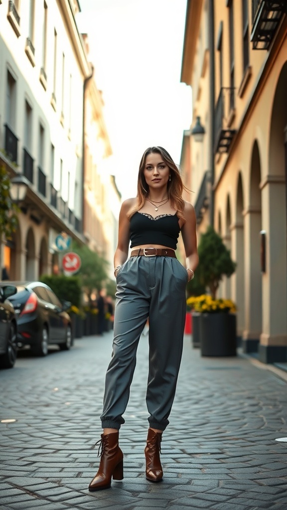A pair of modern trousers with a medieval flair, featuring a tailored fit, pinstripe pattern, and a brown leather belt, set against an urban backdrop.