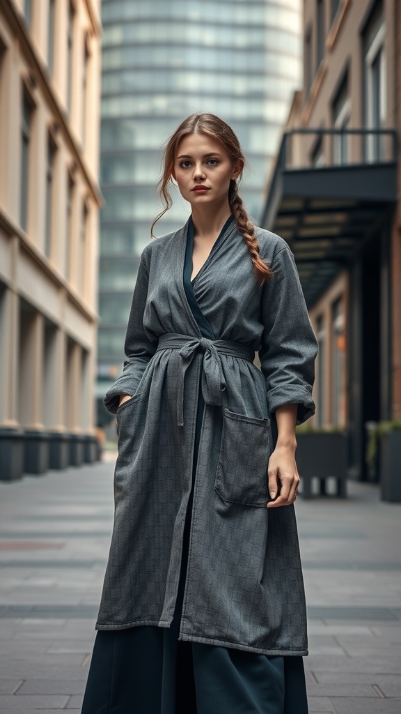 A model wearing a modernized kirtle in gray, standing in an urban setting.