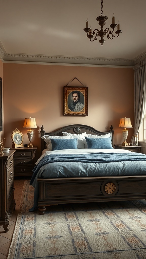 A cozy bedroom with dark wood furniture, blue bedding, and warm wall colors, inspired by Game of Thrones.