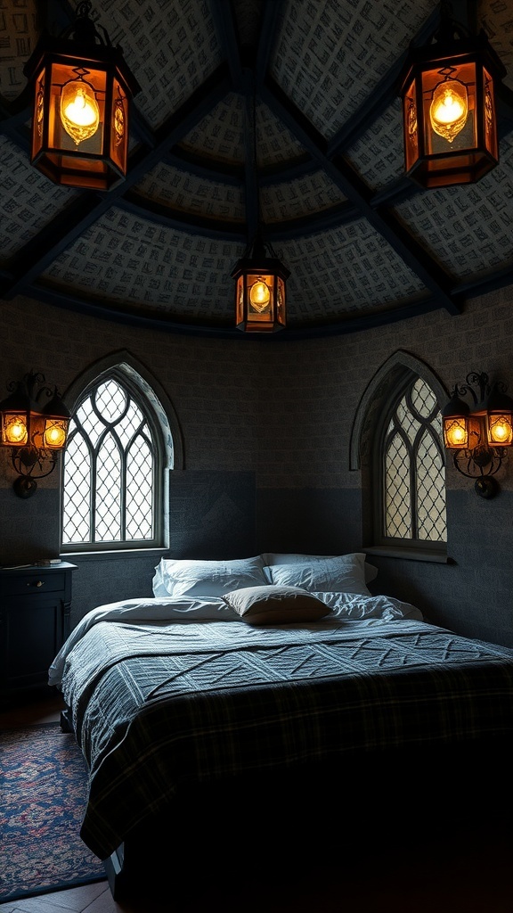 A cozy bedroom with moody lighting fixtures, featuring lanterns hanging from a ceiling and a neatly made bed.