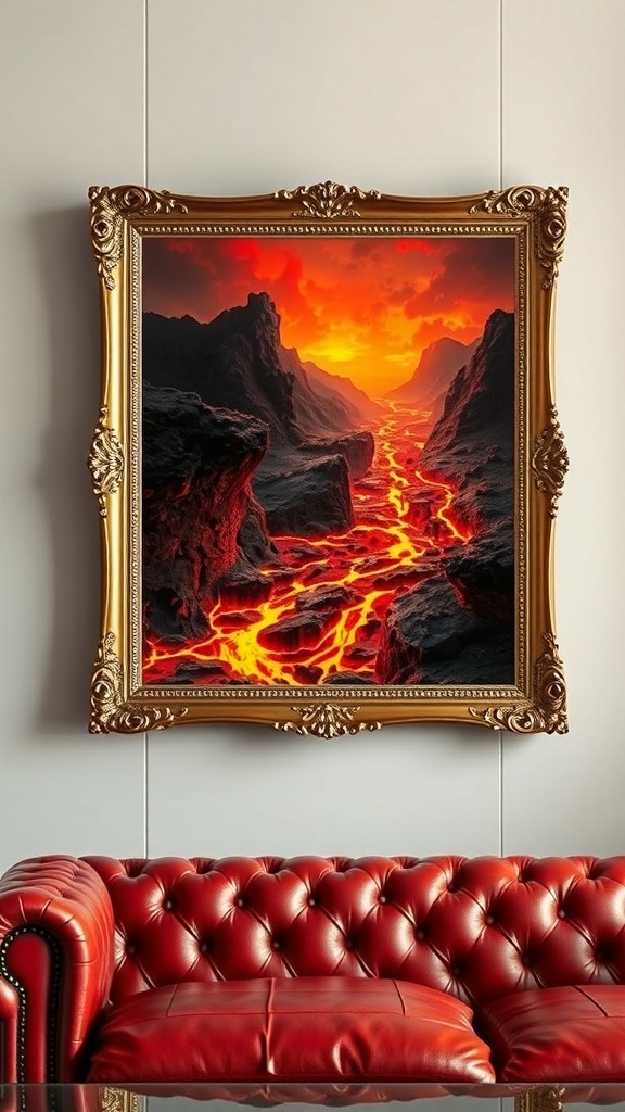 A vibrant depiction of Mustafar's lava flow, showcasing molten lava rivers and rugged terrain.