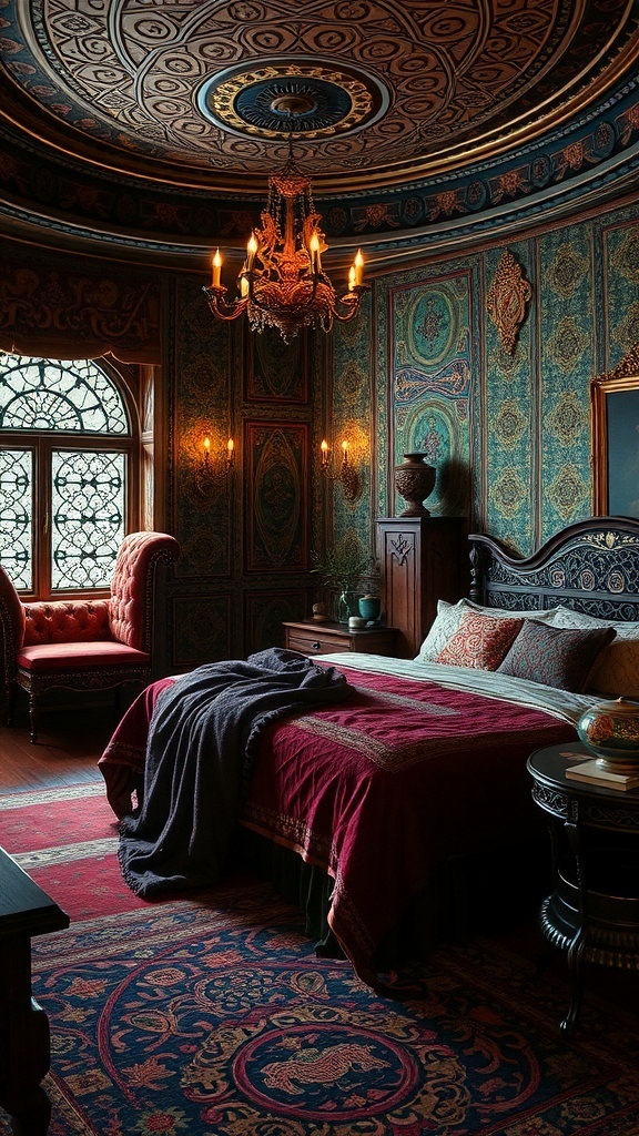 A luxurious bedroom featuring dark walls, intricate patterns, and elegant furniture, inspired by Valyrian design.