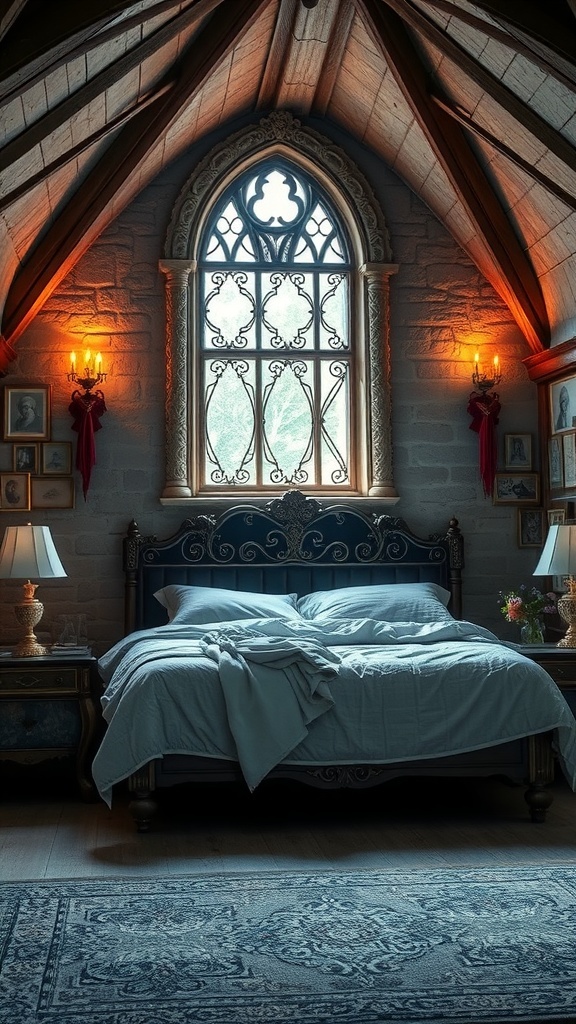 A cozy bedroom with an arched window, carved bed frame, and warm lighting, inspired by Game of Thrones.
