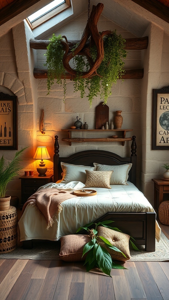 A cozy bedroom with wooden beams, a carved bed frame, and nature-inspired decor including hanging plants and soft pillows.