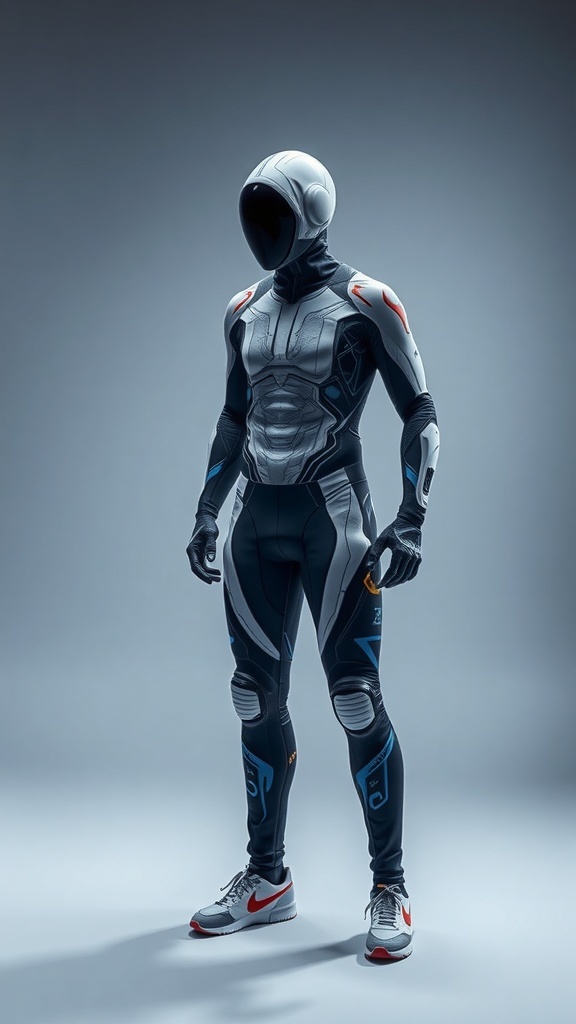 Futuristic workout gear featuring a sleek, form-fitting suit with a helmet-like headpiece.