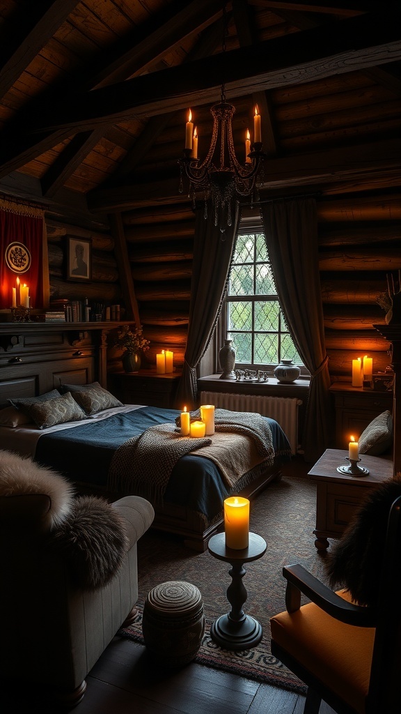 A cozy bedroom inspired by the Night's Watch, featuring wooden beams, dark bedding, faux fur throws, and candlelight.