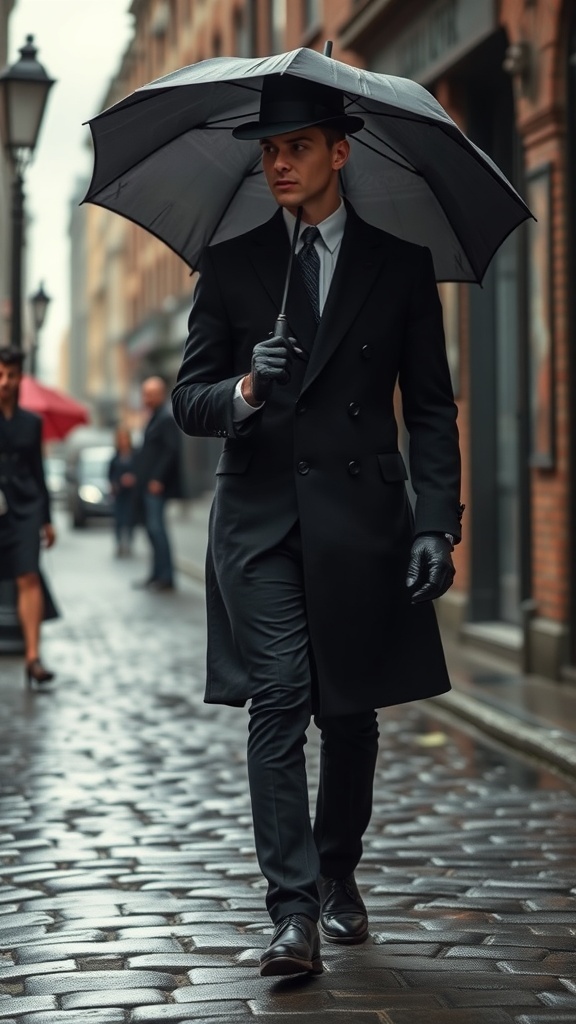 A stylish man in a black coat and hat walking with an umbrella on a rainy street, embodying noir detective goth fashion.