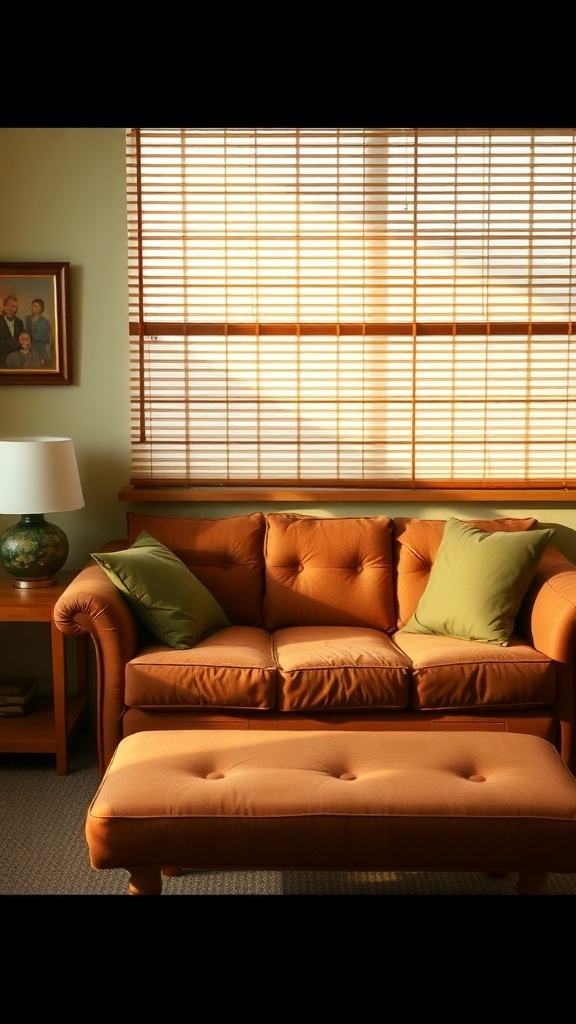 A cozy orange 1960's couch with green cushions in a warm, inviting setting.