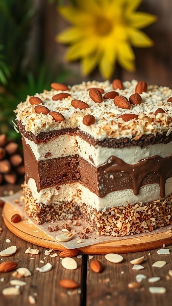 A vintage-style Nutty Crunch Almond Joy Ice Cream Cake with layers of chocolate and vanilla ice cream, topped with whipped cream and almonds.