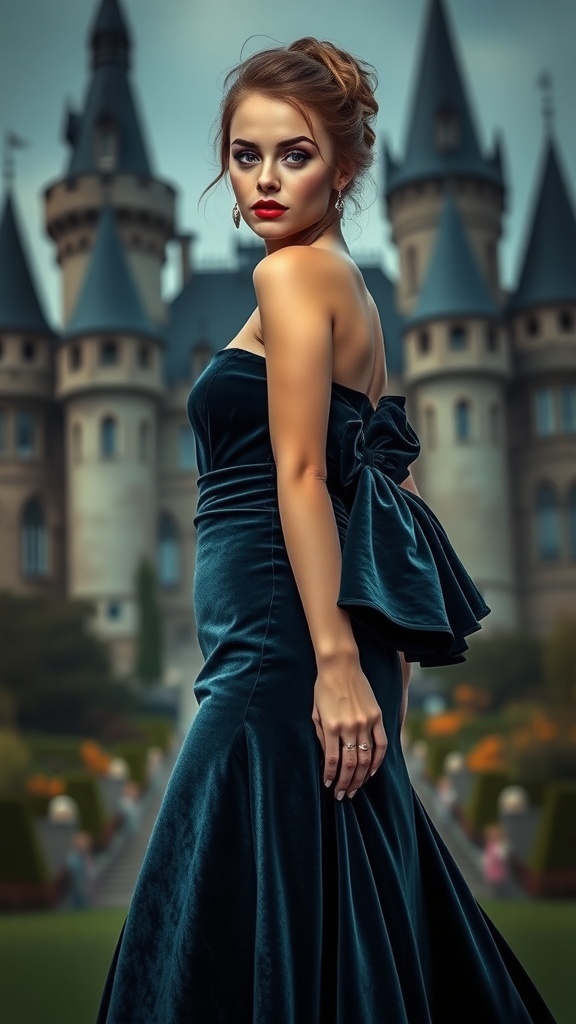 A luxurious velvet gown with dramatic sleeves displayed in front of a castle.
