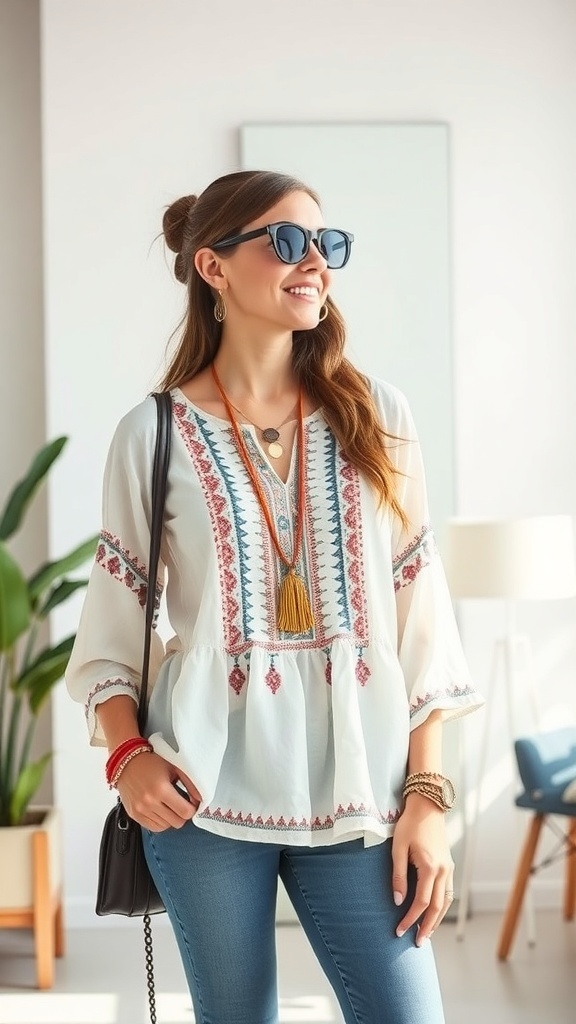 A woman wearing a white peasant blouse with colorful embroidery, styled with jeans and accessories, smiling in a modern interior.