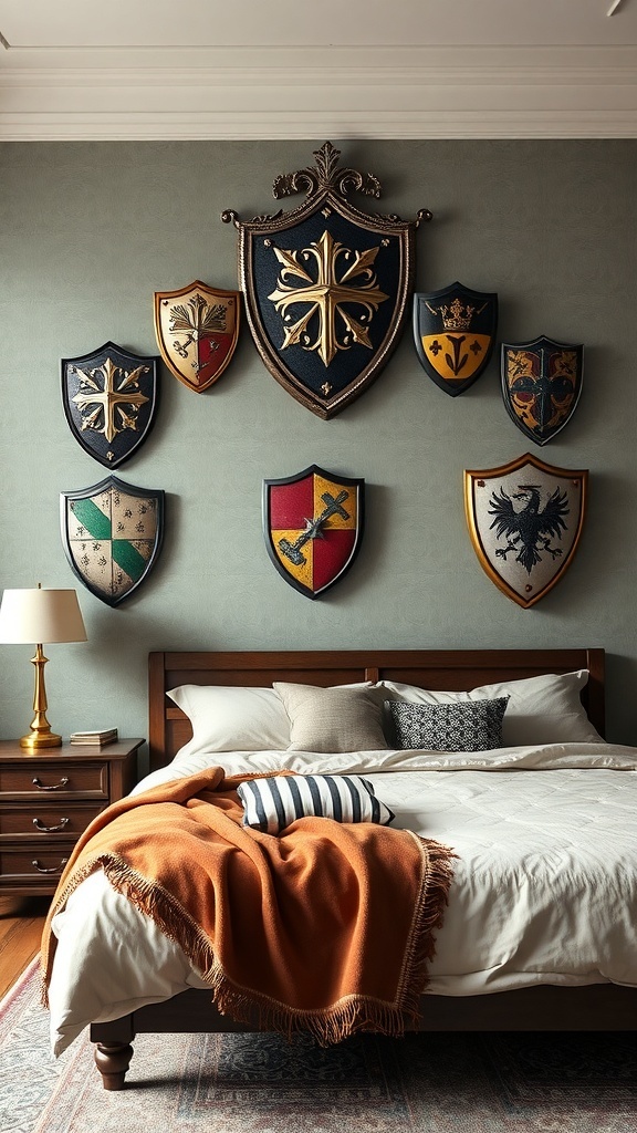 A cozy bedroom featuring personalized family shields on the wall, with a wooden bed and an orange throw.