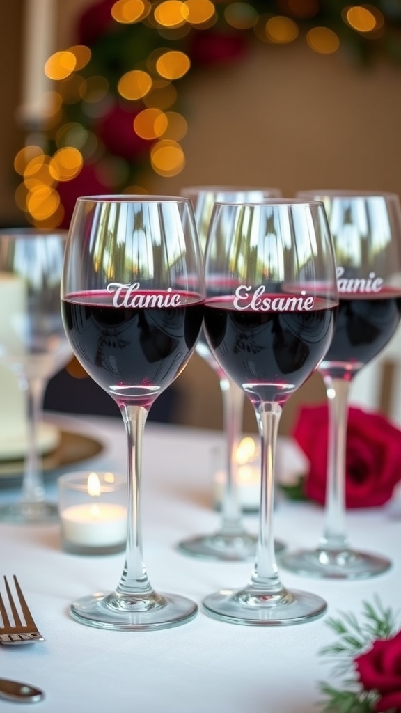 A collection of personalized vintage wine glasses with names etched on them, set on a table with a glass of red wine.