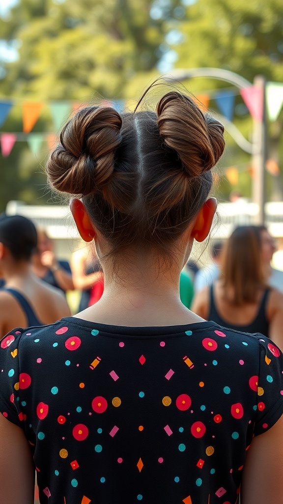 A girl with playful space buns hairstyle, wearing a colorful patterned shirt, surrounded by a festive atmosphere.